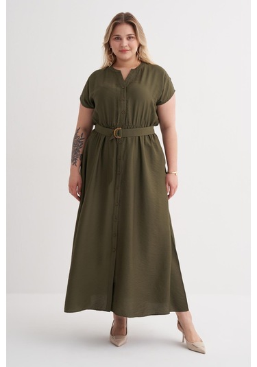 Beli Lastikli Cepli Kemer Detaylı Elbise-6230 Haki