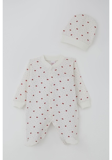 Breeze Kız Bebek Patikli Tulum Çilek Desenli 0-6 Ay, Ekru