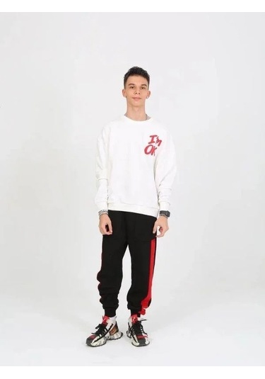 Çocuk I'm Ok Yazılı 2 İplik Sweatshirt-15233 Ekru