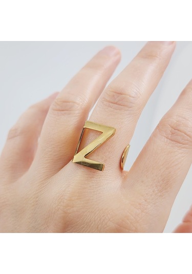 Çelik Gold Düz Kesim Harf Yüzük -z Harfi- Ayarlı Ölçü-1901 Altın
