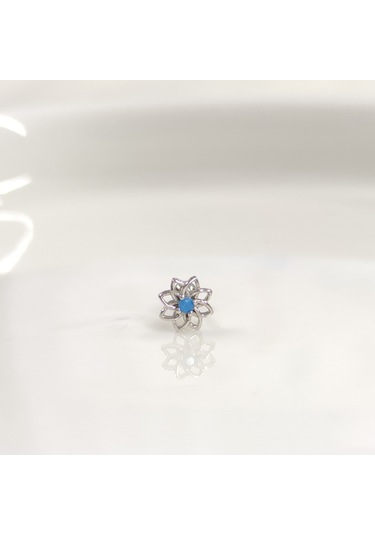 Mavi Taşlı Yıldız Çiçek Gümüş Tragus Pıercıng - Rodyum Beyaz Beyaz
