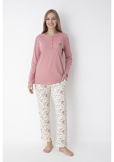 Pembe Pembe Desenli Uzun Kol Pijama Takımı Pembe