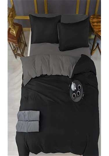 More Home Çift Kişilik Nevresim Seti + Yastık Kılıfı Siyah-Antrasit