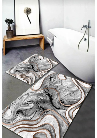 Banyo Paspas Takımı 2'li Set Kaymaz Tabanlı Yıkanabilir Bb-114 Gri