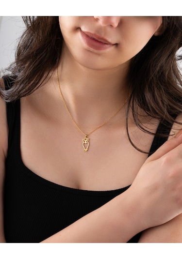 925 Ayar Zirkon Taşlı Gold Minimal Baykuş Gümüş Kolye Rzn10085