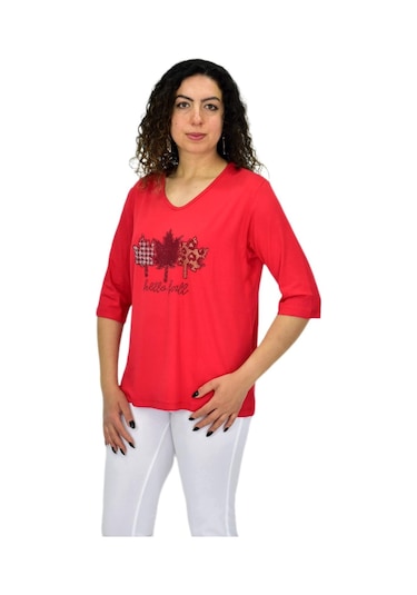 Caftan Kadın Kısa Kol Taşlı Bluz Bgl-st04711 Kırmızı