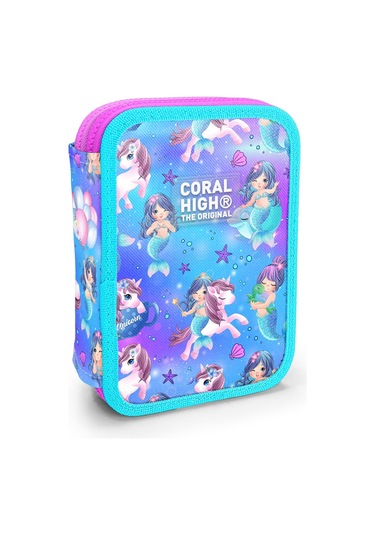 Coral High Kids Mor Pembe Unicorn Deniz Kızı Desenli Çift Katlı Kalem Çanta 11138 Lila
