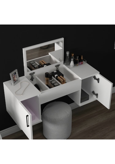Arnetti Duvara Monte Mercan Aynalı Makyaj Masası Beyaz