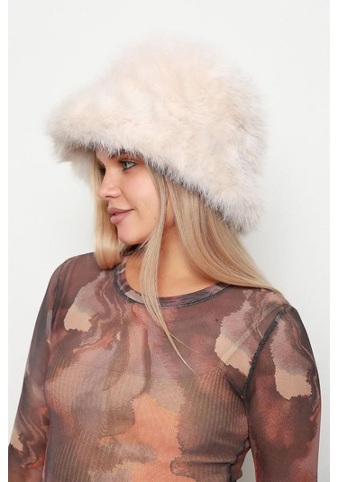 Kadın Kürklü Bucket Kalpak Şapka Rkş-15 Bej Bej