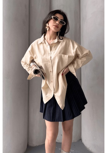 Paw Garage Kadın Harper Çift Cepli Oversize Keten Gömlek, 2025 Summer Collection Taş