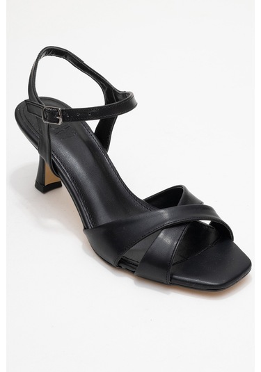 Melin Siyah Cilt Çapraz Bantlı Kadın Topuklu Ayakkabı Siyah