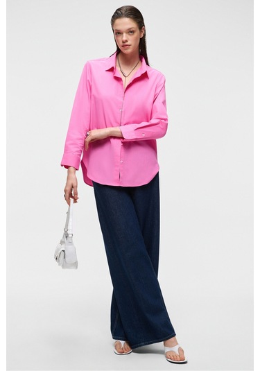 DELFINO Kadın Oversize %100 Organik Pamuk Uzun Kollu İnce Uzun Pembe Gömlek