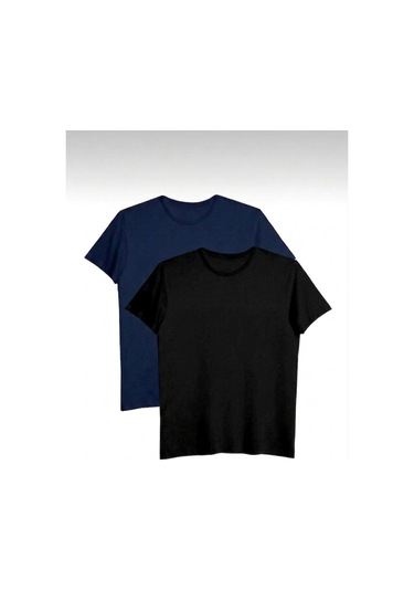 Bürke 2'li Erkek/Unisex Siyah-Lacivert Renk %100 Pamuk Bisiklet Yaka Basic Tişört