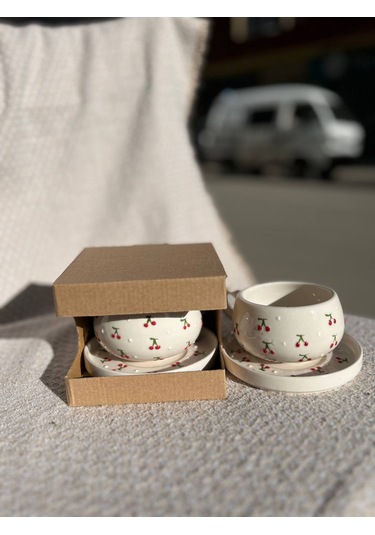 Seramik El Yapımı Fincan Takımı 2'li Set Kiraz Desenli Beyaz - Kırmızı