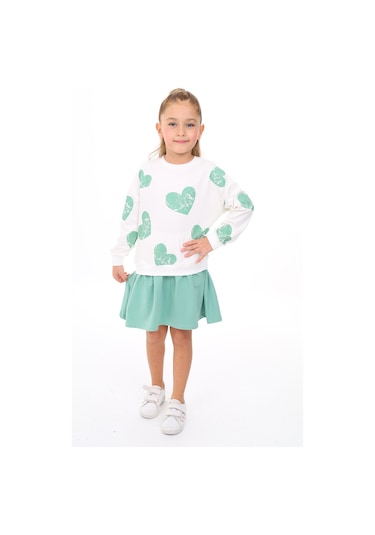 Toontoy Kız Çocuk Etek Volanlı Baskılı Elbise Yeşil