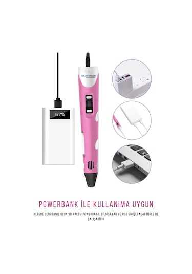 Solinpatech 3D Pen Üç Boyutlu Yazıcı Kalem Printer + 10 Adet 5 M Filament 50 M + USB Kablo Pembe