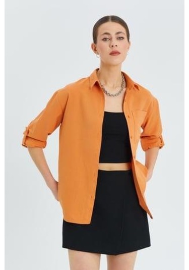 Mixray 9942 Kadın Oxford Uzun Kol Basic Gömlek Şeftali
