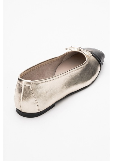 Romy Altın-siyah Cilt Hakiki Deri Küt Burunlu Fiyonklu Kadın Babet Ayakkabı Altın - Siyah