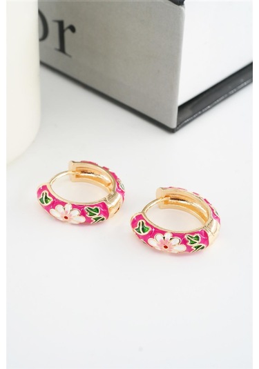 Kadın Özel Seri Mineli Çiçek Motifli Kararmaz 2 Cm Halka Küpe Seti - Pembe