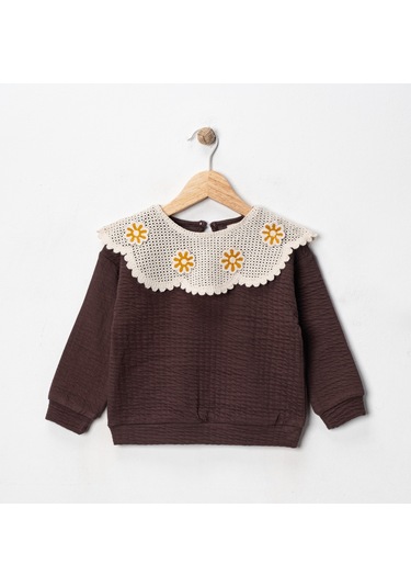 Dantelli Kız Çocuk Sweat Kahverengi
