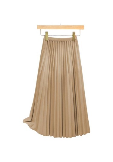 Kadın Pileli Etek Elastik Yüksek Bel A Kesim Uzun Etek Düz Renk Rahat Kumaş Çok Yönlü Etek Günlük Giyim Şampanya