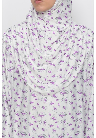 Pratik Tek Parça Çiçek Desenli Kollu Tak Çıkar Başörtülü Likralı Tesettür Namaz Elbisesi 990-0201 Mor Antrasit