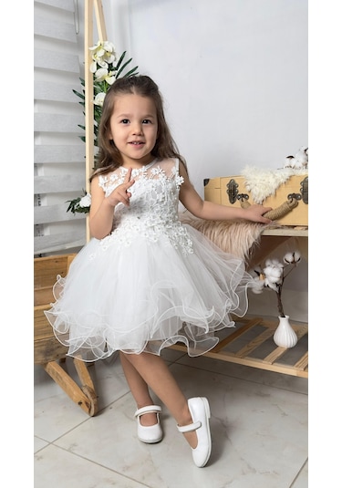 İncili Kız Çocuk Daisy Elbise Mnk0585 Beyaz