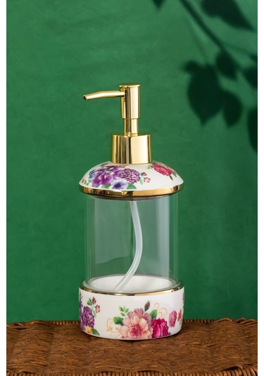 Porsima 3127 Gold Kapaklı Porselen Ve Cam Sıvı Sabunluk Çiçek Desenli Ve Şeffaf Tasarım 350 Ml Gold