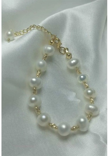 24k Altın Kaplama Gerçek İnci Dorika Detaylı Bileklik Beyaz Tek E