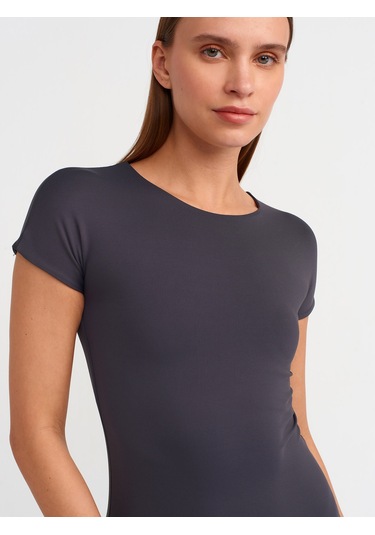 Dilvin Bisiklet Yaka Uzun Elbise Antrasit