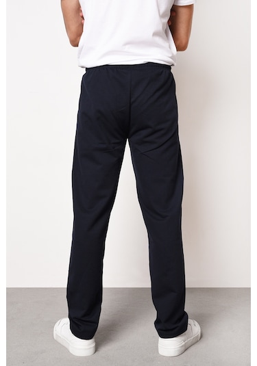 Erkek Gri Fermuar Cep Nakış Detaylı Düz Paça Rahat Kesim Eşofman Altı Lacivert