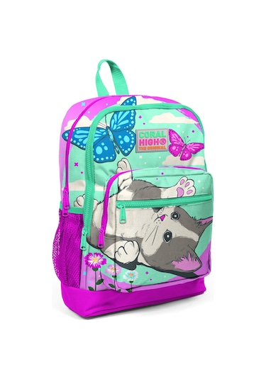 Coral High Kids Su Yeşili Pembe Kedi Desenli Dört Bölmeli Okul Çantası 23707