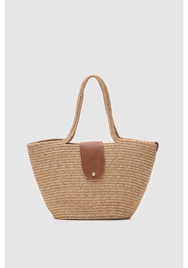 Shule Bags Duffy Kapaklı Handmade Hasır Tote Çanta Vizon Vizon