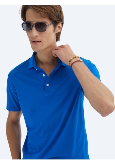 Kip Saks Düz Polo Yaka %100 Pamuk T-shirt Saks