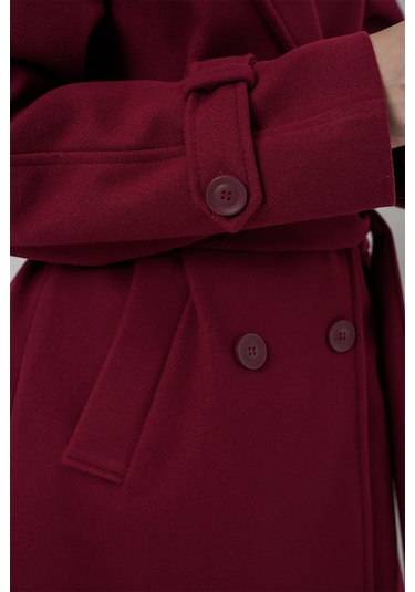 Kadın Kuşaklı Kaşe Kaban 9161 - Kırmızı Kırmızı