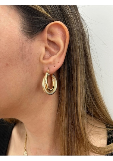 Altın Nesil 14 Ayar Altın Çift Halka Kalın Boru Yuvarlak Küpe Sarı Altın