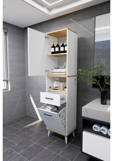 Lula Çok Amaçlı Dolap Banyo Dolabı Kirli Çamaşır Sepeti Dolabı Beyaz Beyaz