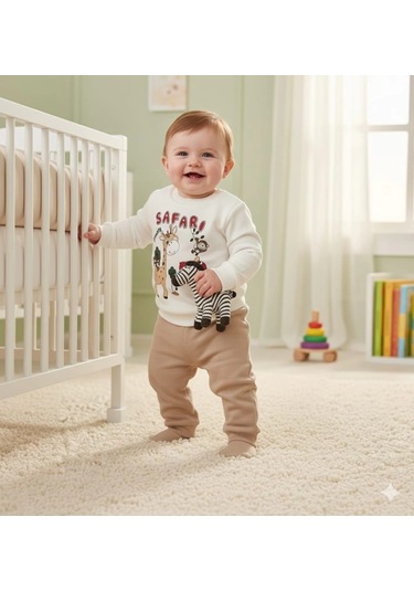 Erkek Bebek Safari Baskılı Alt Üst İkili Gündelik Takım Bej
