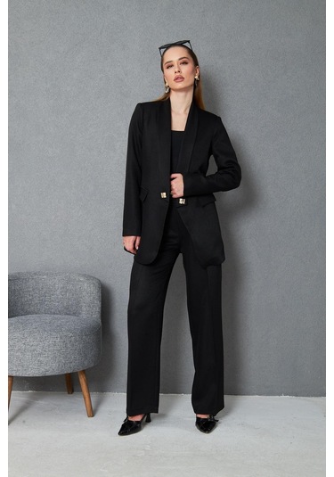 Kare Düğmeli Yünefekt Takım Siyah Siyah