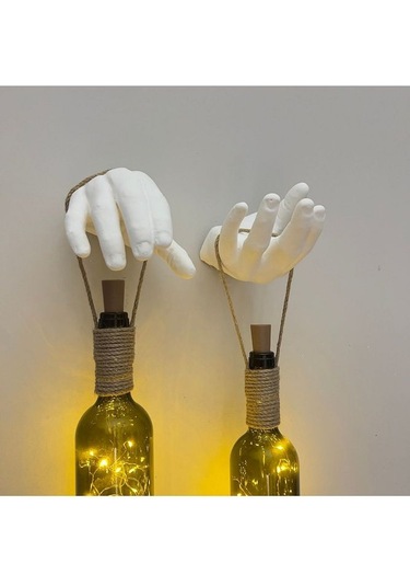 El Yapımı Heykel El Dekorlu Led Işıklı Yeşil Şarap Şişesi Aplik 2 Çok Renkli