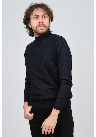 Pave Erkek Yarım Balıkçı Desenli Yün Kazak 4537210 Lacivert Lacivert