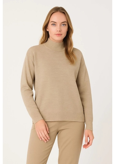 Kadın Yarım Boğaz Triko Kazak Yumuşak Dokulu Pamuklu İnce Dokuma, Uzun Kollu Rahat Regular Kalıp - B Bej