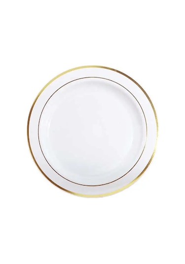 Plastik Gold Renk İşlemeli Beyaz Tabak 26 Cm - 6 Adet Beyaz Altın