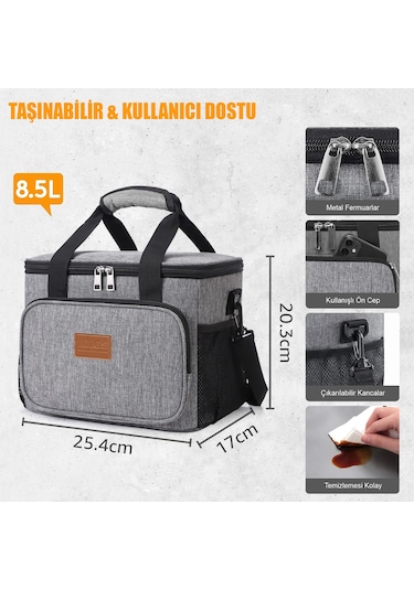 Haegs Termal Çanta, Soğuk Sıcak Tutucu Yalıtımlı Çanta, Soğutucu Buzluk Yemek Çantası 8,5l - Gri