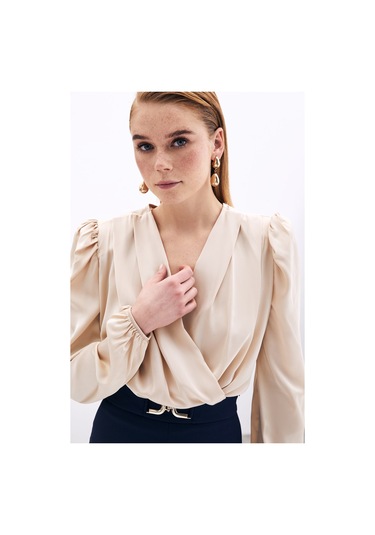 Sateen Kruvaze Vatkalı Bodysuit - Bej