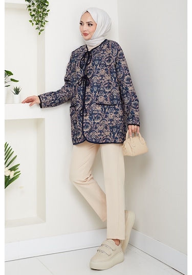 Etnik Desen Bağlamalı Kapitone Ceket 1618 - Lacivert Lacivert