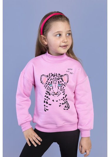 Toontoy Kız Çocuk Baskılı Balıkçı Yaka Pamuklu Sweatshirt Pembe