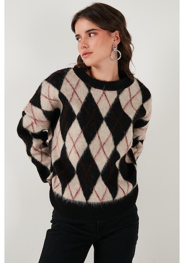 Lela Oversize Fit Bisiklet Yaka Baklava Desenli Yumuşak Dokulu Bayan Kazak 4616223 Siyah