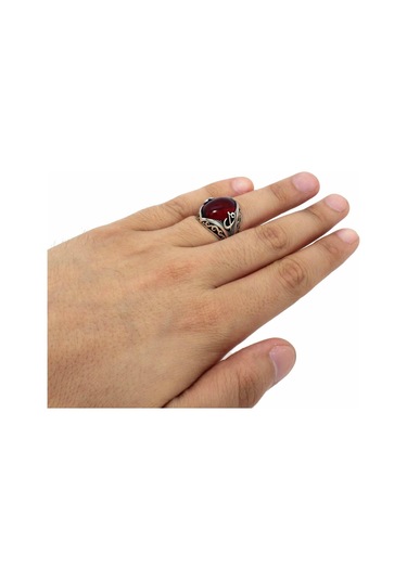 925 Ayar Gümüş Elif Vav Kırmızı Taşlı Erkek Yüzük