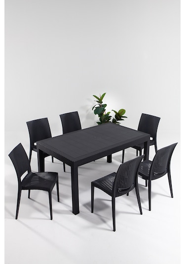 Rattan 90 x 150 cm 6 Kişilik Bahçe Masa Takımı-Antrasit Siyah